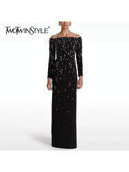 TWOTWINSTYLE Elegant Spliced Diamonds Slimming Dresses For Women Slash Neck Long Sleeve High Waist Temperament Dress Female New
