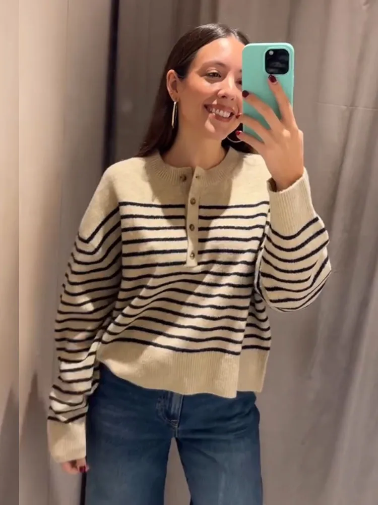 

HH 2026, женский осенний классический полосатый свитер, тонкий однобортный топ с длинными рукавами, женский модный повседневный универсальный тонкий свитер