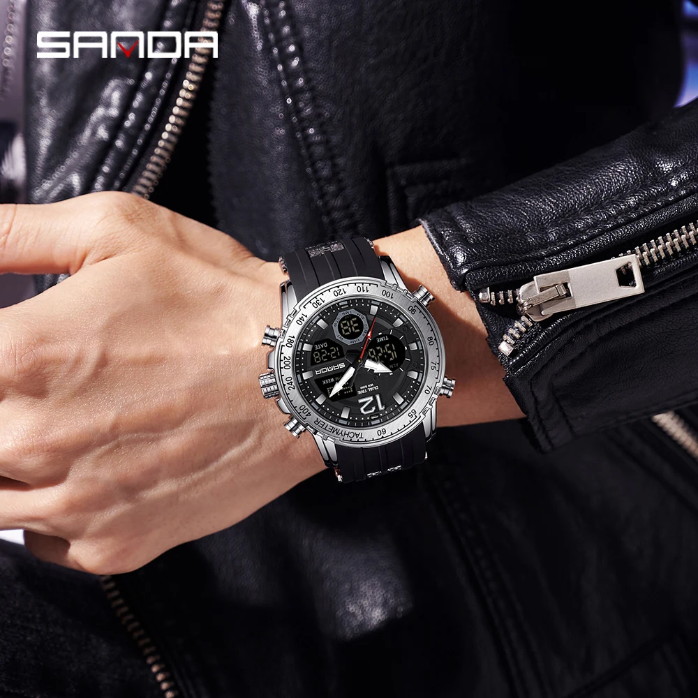 SANDA 6193 Relógio eletrônico com display duplo esportivo multifuncional à prova d'água luz noturna LED relógio eletrônico masculino da moda