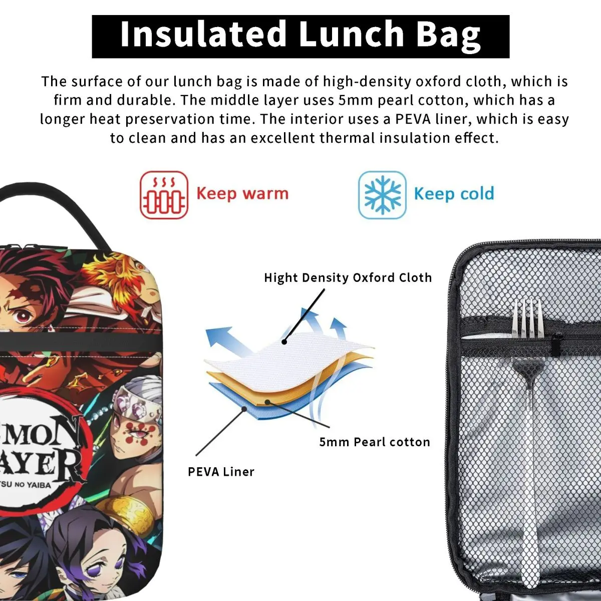 Demon Slayer อะนิเมะถุงอาหารกลางวัน Kamado Nezuko กล่องอาหารกลางวันแบบพกพาเด็ก Travel Cooler กระเป๋าแฟชั่นกันน้ําถุงอาหารกลางวันความร้อน