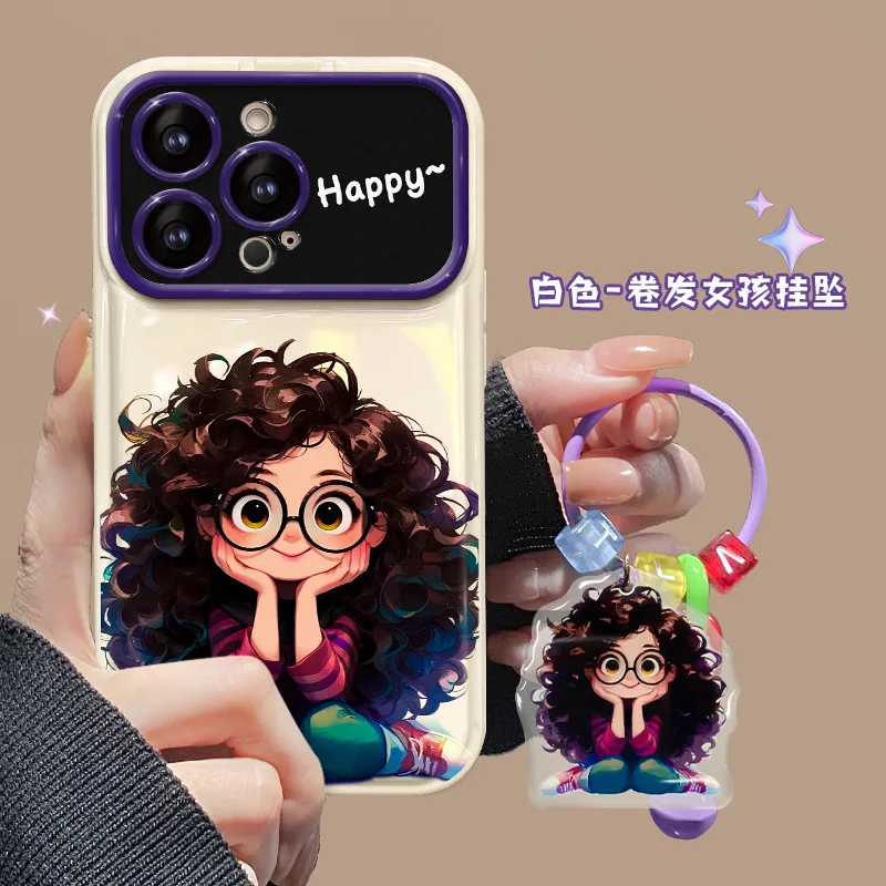 

Happy Curly Hair Girl Cartoon Flip Bag Mirror Women's Phone Case Suitable for IPhone 15 and IPhone 14 All Series