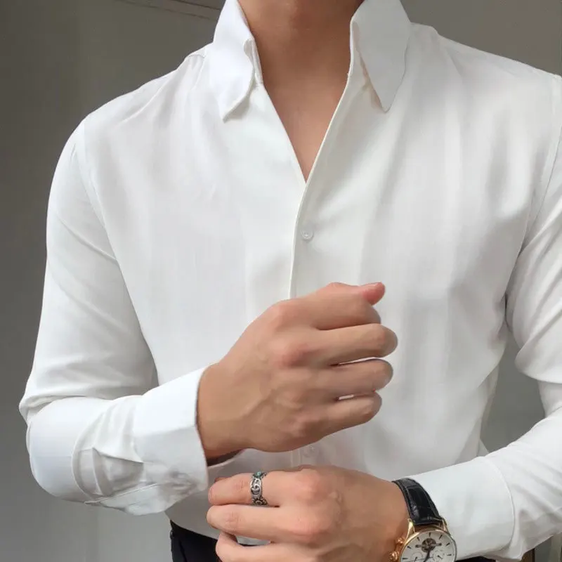 Camisa de manga larga para Hombre, prenda de vestir Formal, de lujo, de Color sólido, de alta calidad, a la moda, 2023