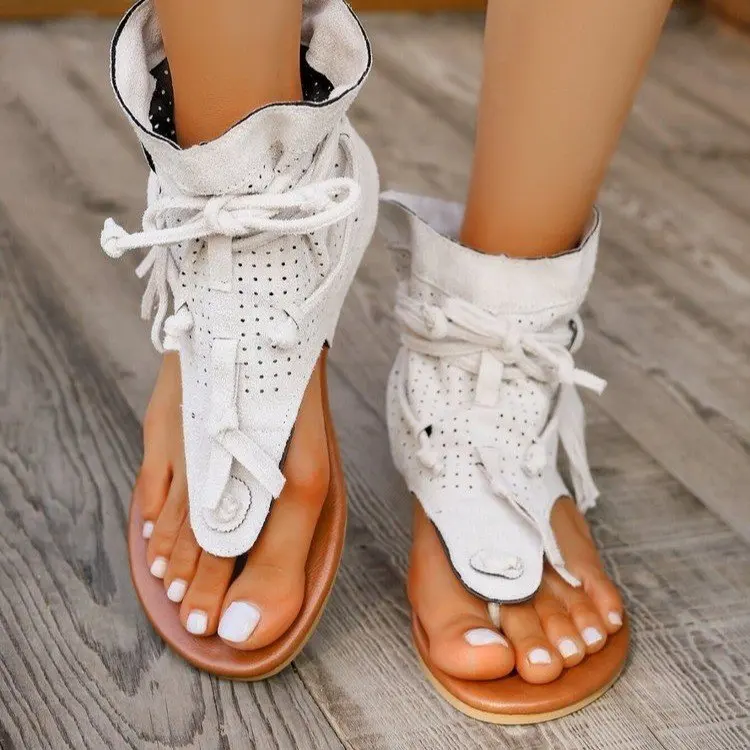 Lace Up Boots Shoes Flat Heel Boots-Women Ladies Rubber Large Size Summer Low 2024 Solid Fretwork Peep Toe Fringe Flock Ankle PU