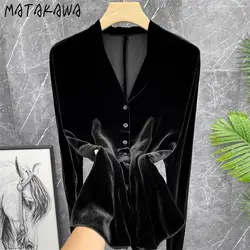 Matakawa Velvet Blouses Women Tops Solid Black V Neck Vintage Autumn Winter Blusas Mujer Korean Fashion Elegant Shirts