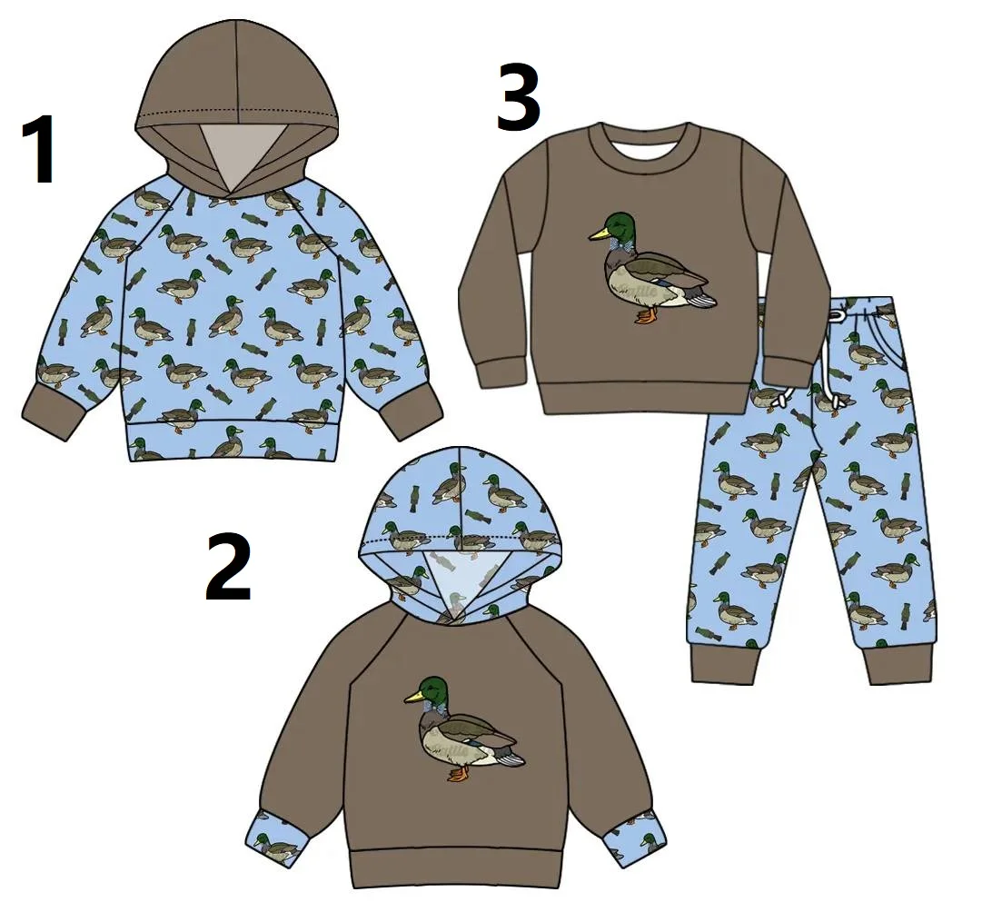 

New design blue series duck print long sleeve hooded top pant suit newborn jumpsuit boutique wholesale