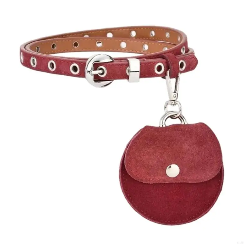 Grommet Belt and Round Bag Set with Detachable Clasp, Flap Closure, and Multiple Fastening Positions Y08E