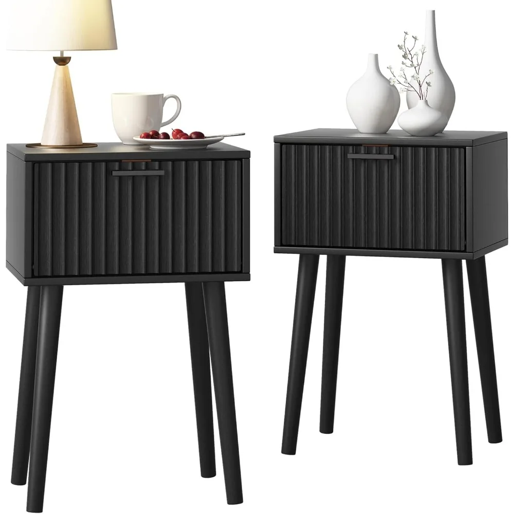 

Nightstands Set of 2, Small Side Table, Bedside Table with Fluted Door, Solid Wood Feet; Modern Mid-Century End Table