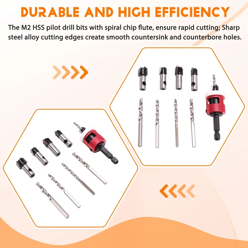 5Pcs Countersink Drill Bit Set With Low Friction Depth Stop, HSS Tapered Bits 1/8Inch,9/64Inch,5/32Inch,11/64Inch