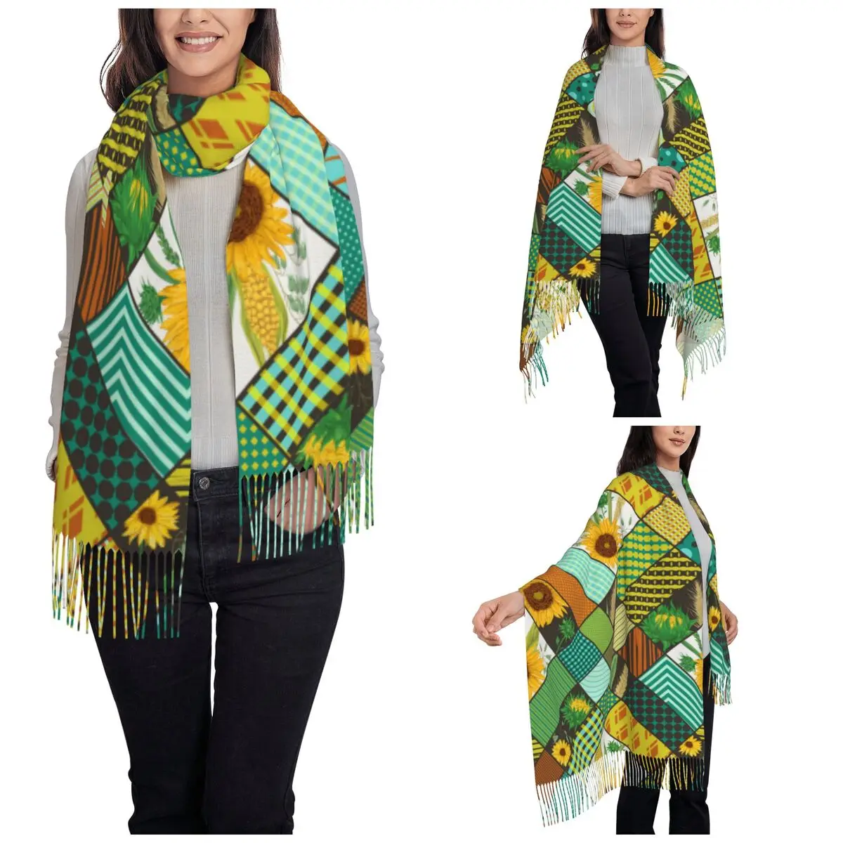 Womens Scarf with Tassel Sunflower Patchwork Style Long Winter Fall Shawl Wrap Sunflowers Plant Plaid Art Gifts Cashmere Scarf