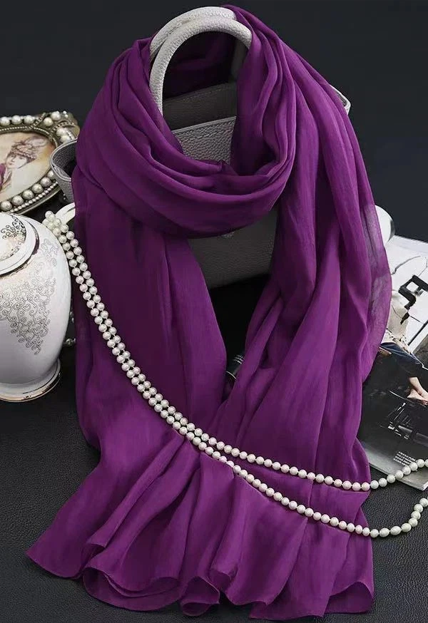 2026 Women Solid Color 100% Silk Scarf Long Shawl Wrap Dark Purple Silk Scarves Plain Silk Beach Cover Up Scarf