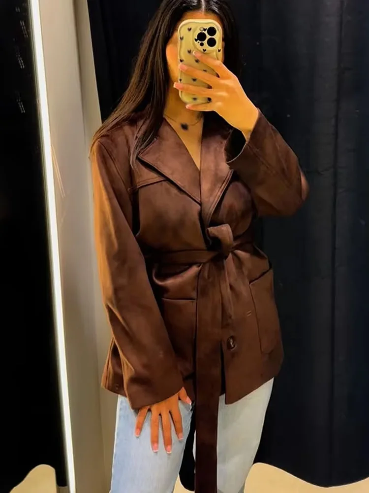 HH Women's Autumn Casual Jacket Solid Turn-Down Collar Pockets Belt Single-Breasted Women's Fashion Long Sleeves Loose Coats