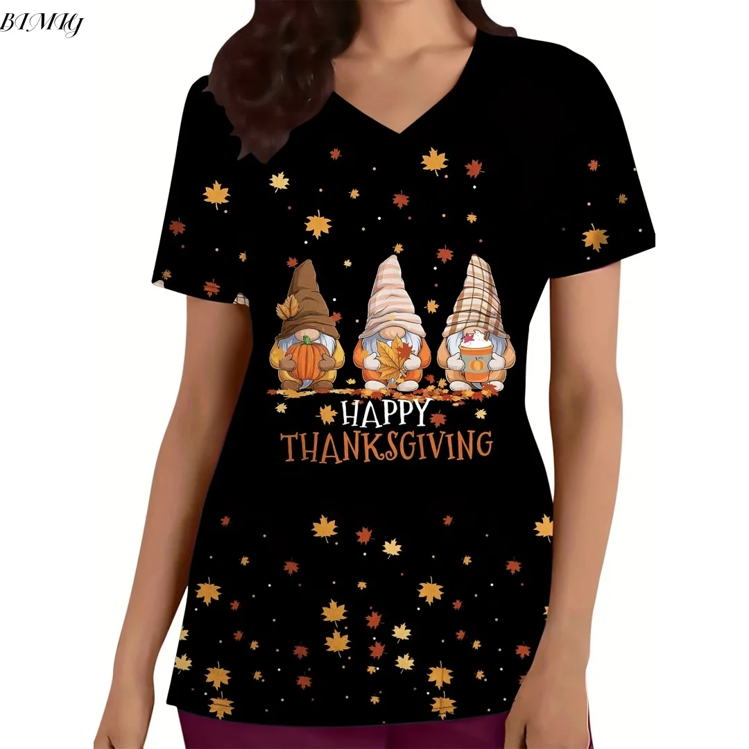 

Dwarf Print Short Sleeve Thanksgiving V-neck Scrubs Top with Pockets for Doctor Nurse Physician Dentist Women's Work Clothing