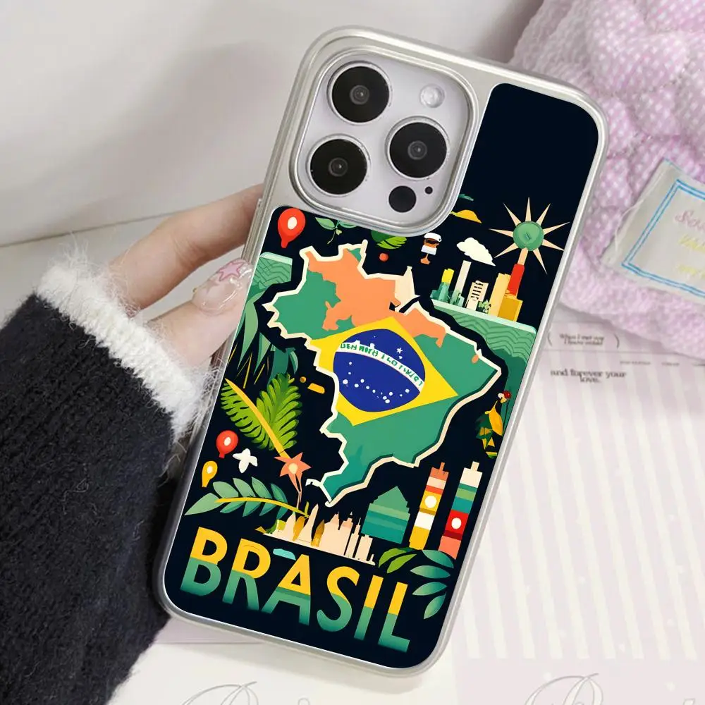 

Brazil Flag Mobile Phone Case for iPhone 17 16 15 14 13 12 11 Air Pro Max Plus Silver Plating Colorful Cover Luxury Pretty
