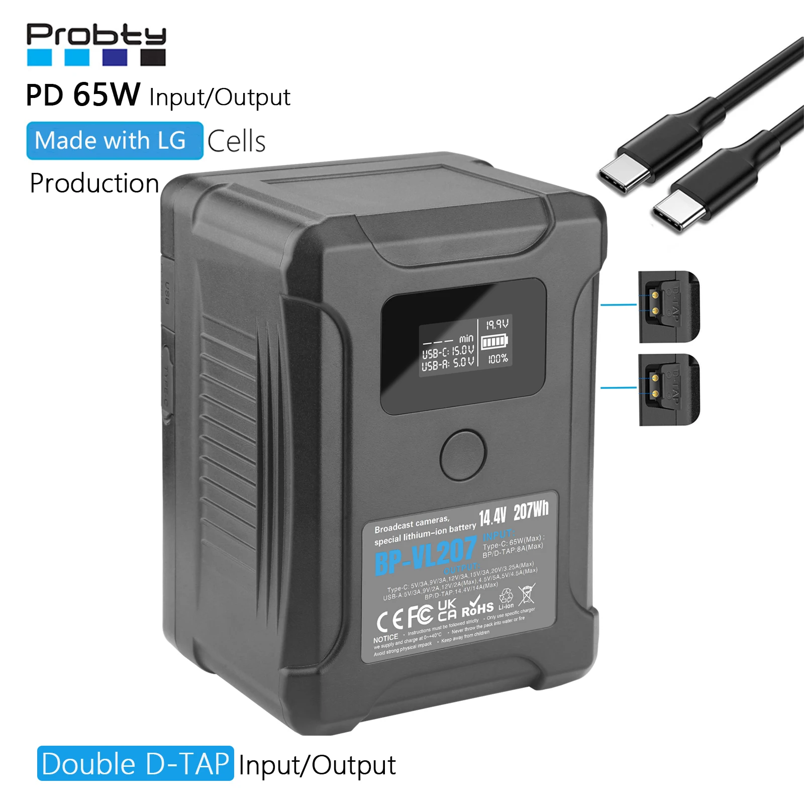 BP-VL207 V Mount Battery/V Lock Battery w Type-C/D-TAP Input/Output For Sony HDCAM, XDCAM, Digital Cinema Cameras