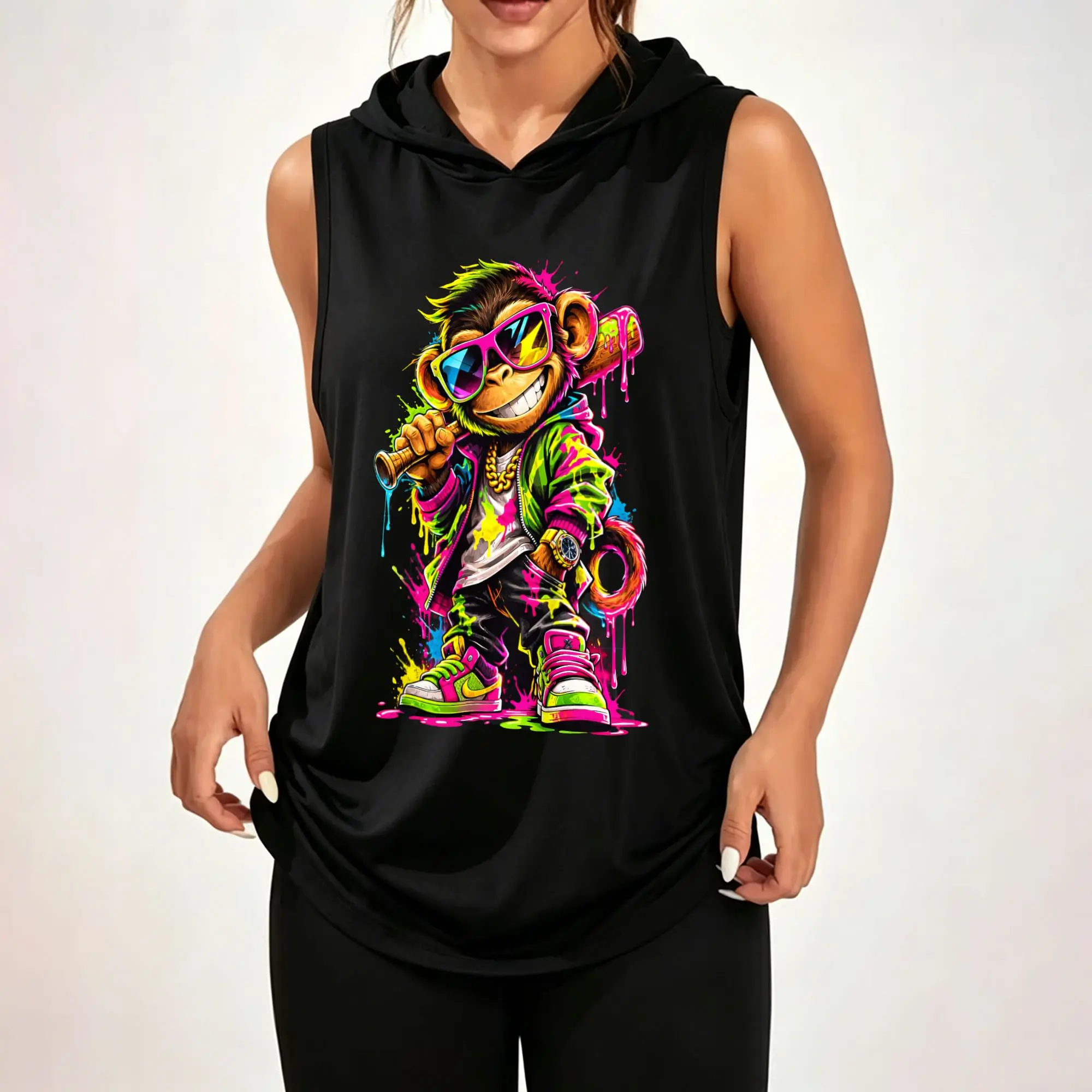 Women Sleeveless Hooded Tank Top Colorful Graffiti Hip‑hop Monkey Streetwear Graphic Print Sleeveless Hood Tank Top ****