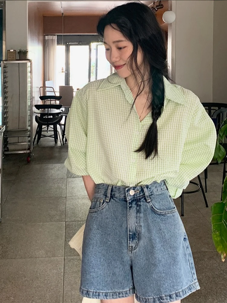 エレガントな長袖レディースシャツルーズバブルテクスチャチェック柄ファッショナブルなユニークトップ日焼け止め韓国スタイル通勤風