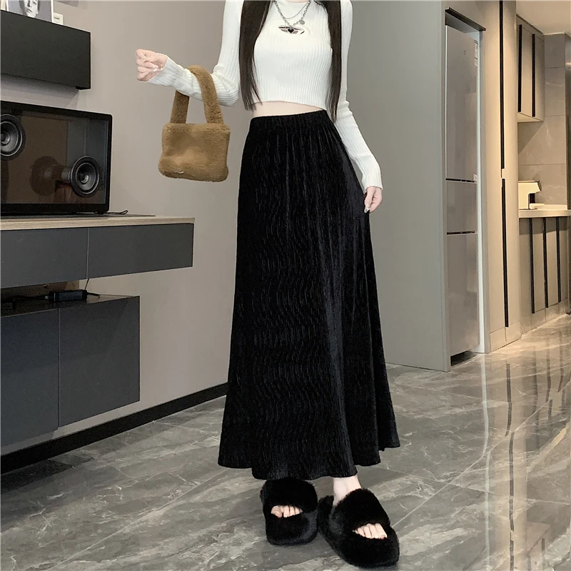 2023 New Auutmn Winter Knitted Long Skirts Womens Fashion Elastic High Waist A-line Maxi Skirt Ladies Elegant Package Hip Skirt