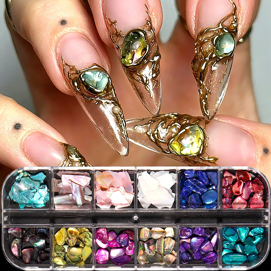 12er-Set Muschel-Nageldekorationen: Aurora-Muschelflocken, unregelmäßige 3D-Meerjungfrauen-Schillerstücke für Nagelkunst und Maniküre – Detail 2
