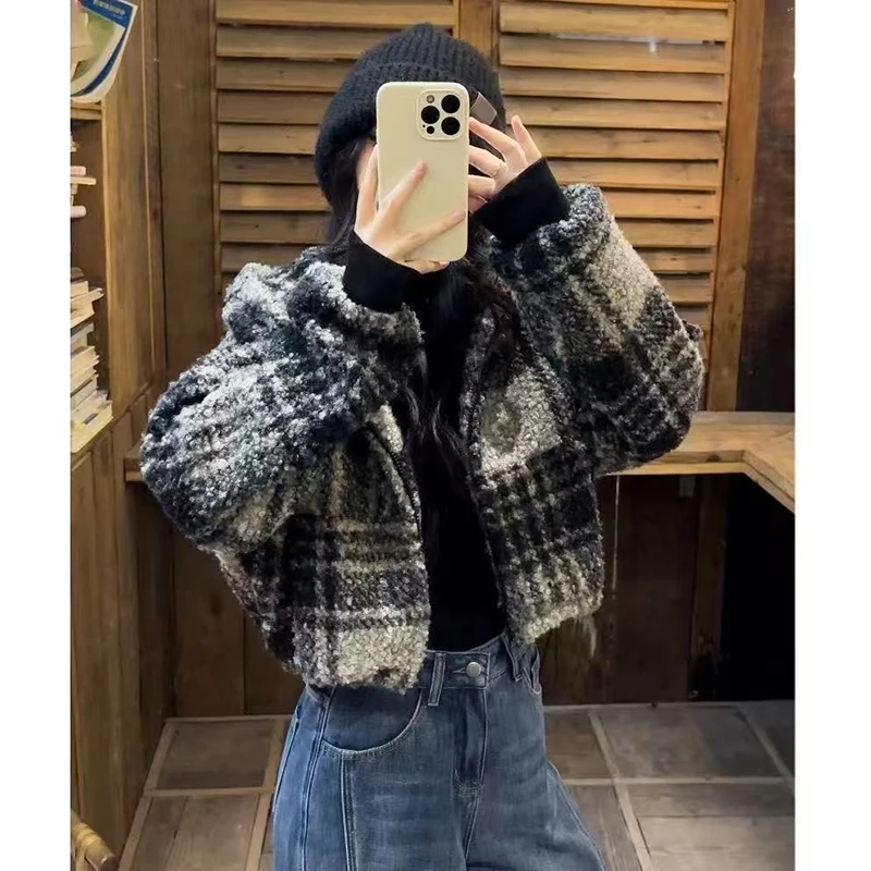 Vintage Plaid Hooded Jacket Women Streetwear Thick Warm Loose Cropped Coats Fall Winter Retro Casual Female Zipper Outwear Tops