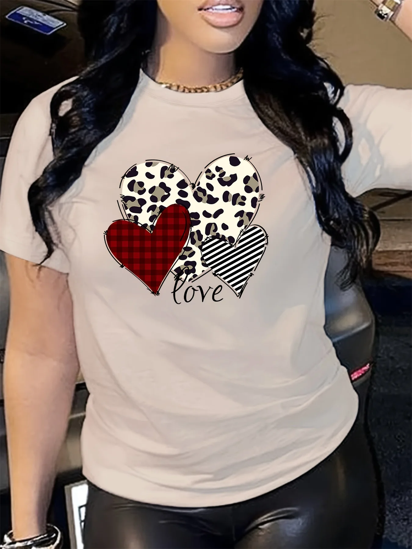 Summer women's leopard print checkered striped heart-shaped print casual sports loose round neck short sleeved T-shirt top