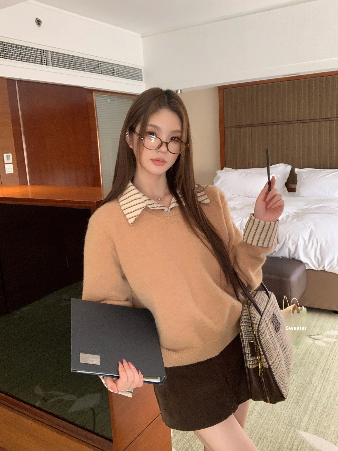 Suéter F de Manga Longa para o Inverno, Estilo Casual, Cseta de Malha com Efeito de Duas Peças, Moda para o Dia a D...