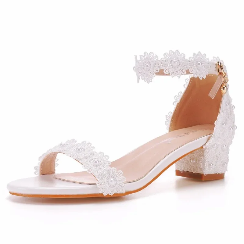 women\'s sandals summer Party Round Toe Lace Buckle Strap PU 7CM Square high heels String Bead Party Prom Women Shoes white