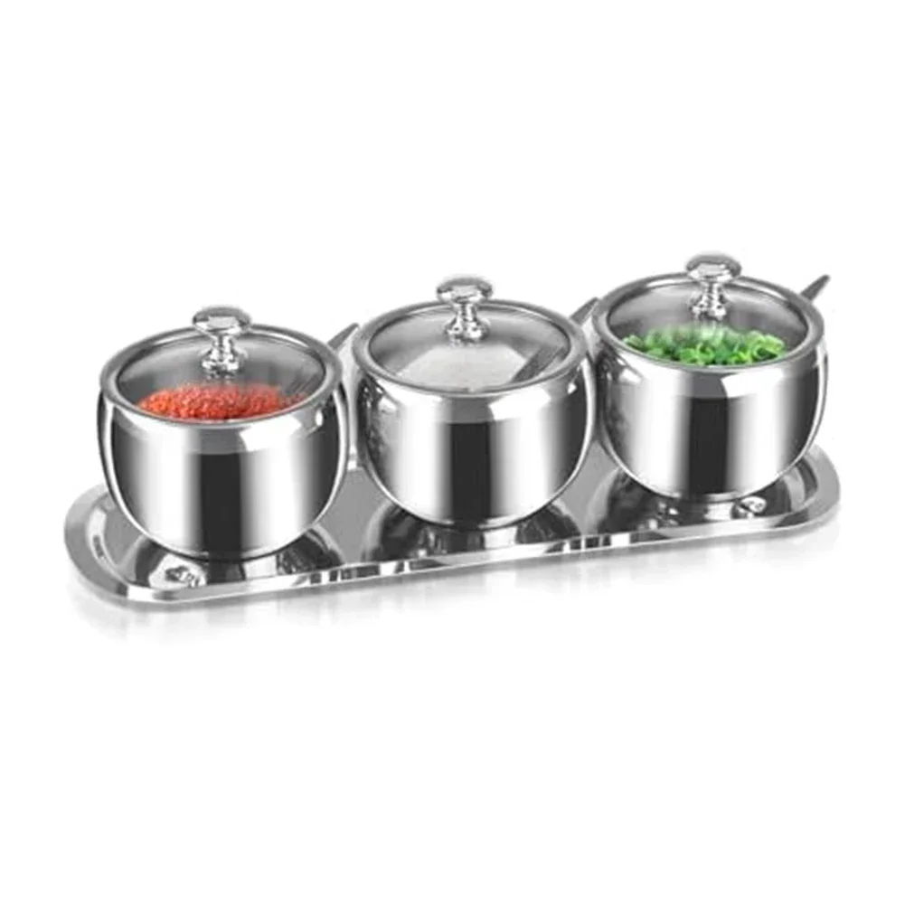 Elegant 3-Grid Stainless Steel Sugar Bowl Set With Spoon & Tray For Kitchen Ugar Bowl Seasoning Jar Kitchen Accessories