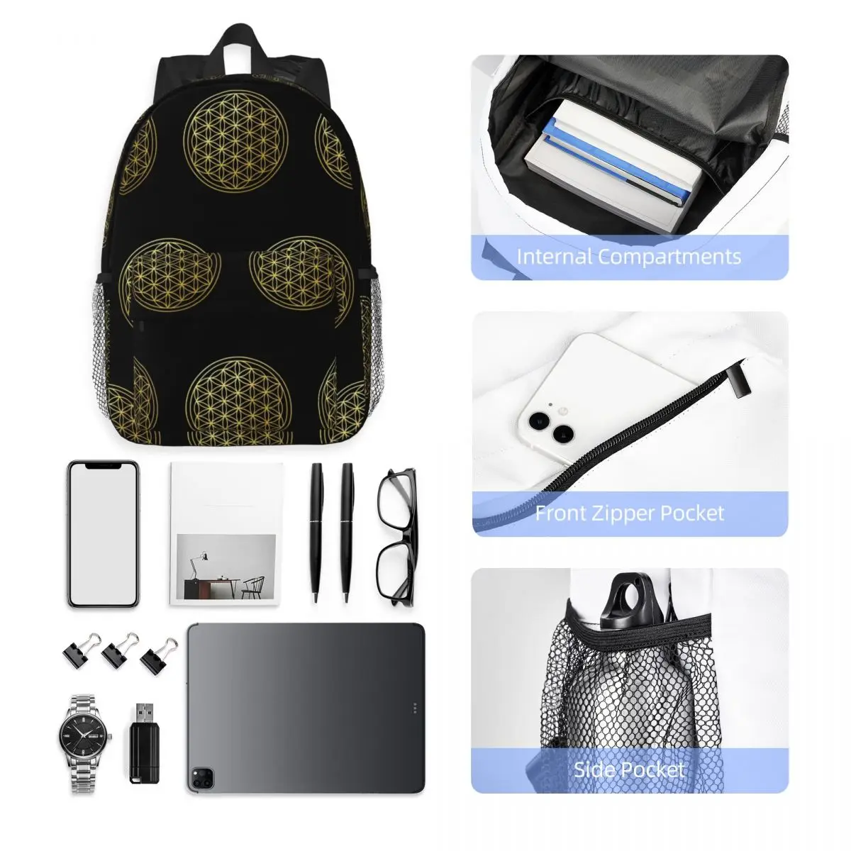 The Flower Of Life Gold Mandala Backpack Hot Sale Daypack Large Capacity Boys Girls BookBag Shoulder Bags Men Women School Bag