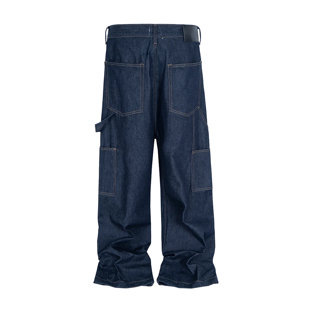 ハイストリートオリジナルカラーワイドレッグブルーバギージーンズ メンズ ストレートルーズポケットカジュアルデニムパンツ オーバーサイズカーゴトラウザーズ