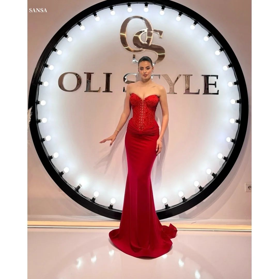 

Sansa Customized Red Frenulum Mermaid Prom Dresses Strapless Backless فساتين للمناسبات الخاصة Floor-Length vestidos de festa