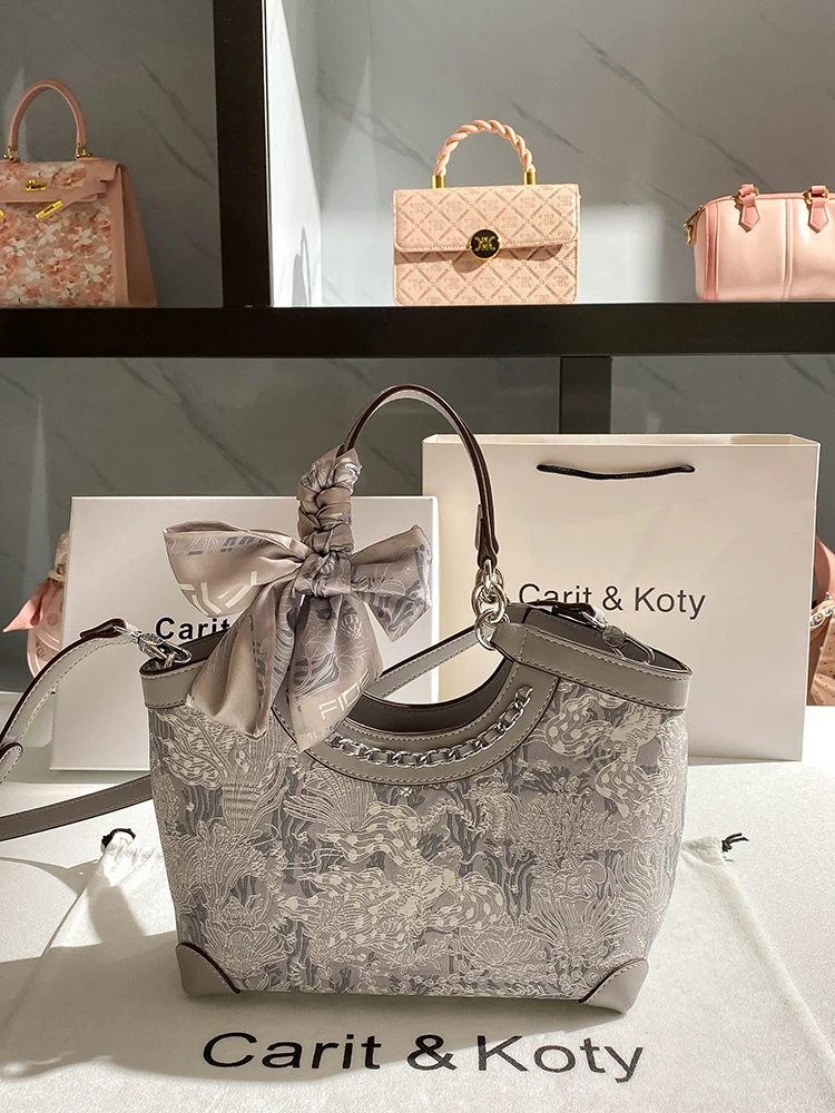 2024 Luxury and Top Leather Handheld Tote Bag with Beautiful Flower Printing and Scarves Women Popular and Fashion Shoulder Bag