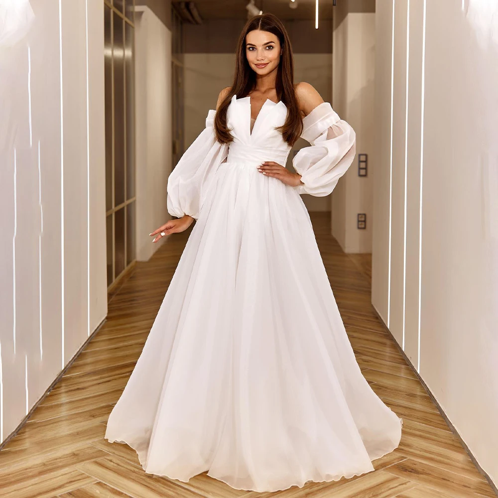 

Long Puff Sleeves V-neck 2080 Organza Boho Beach A Line Wedding Dresses Corset Custom Made 2023 Rode De Morrie