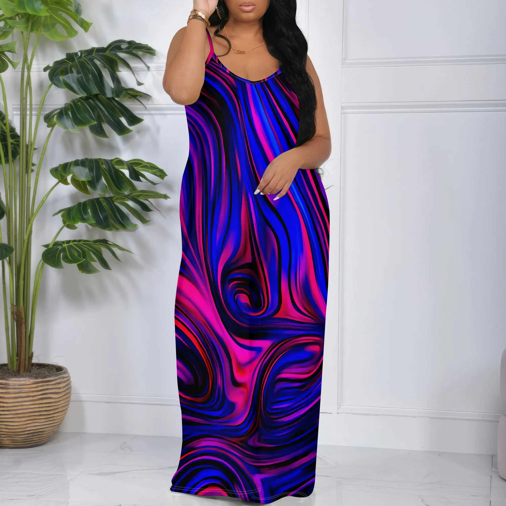 

Purple Blue Swirl Print Maxi Dress S-3XL Spaghetti Strap Loose Fit Style for Music Fest, Night Party or Afro Art Look