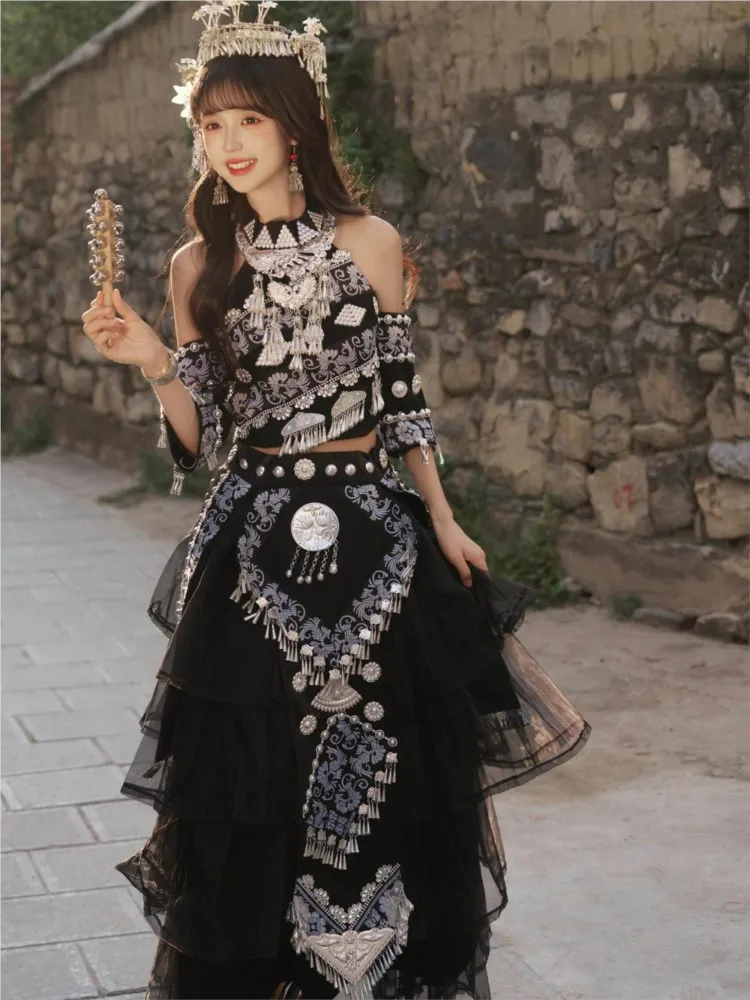 

A black long dress set with ethnic style for exotic photo shoots travel photography costumes and outfits