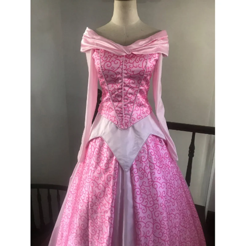 Film aurora prinses cosplay kostuum lange mouw roze jurk voor volwassen meisje halloween feest kostuum jurk op maat gemaakt