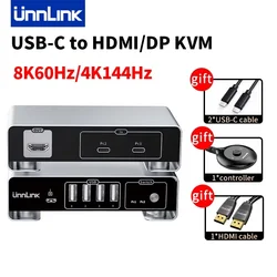 Unnlink Przełącznik KVM USB C 2x1 8K60Hz 4K144Hz Przełącznik KVM typu C Thunderbolt 4 do HDMI DP ze sterownikiem do Macbook PC Mac Mini