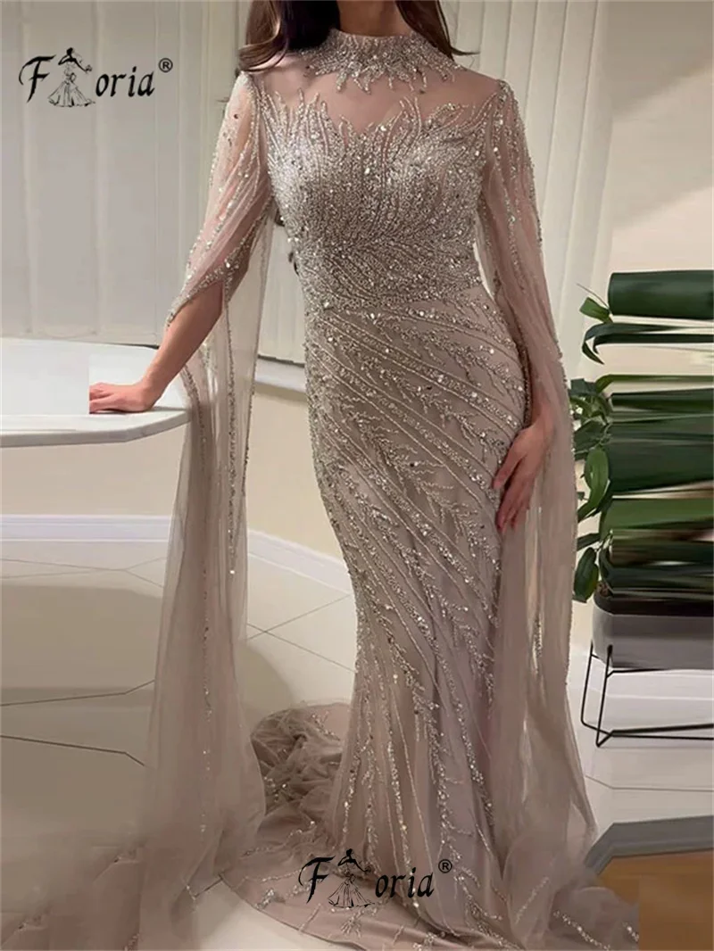 Luxury Dubai Beaded Nude Evening Dresses Long Cape Sleeves Sparkly Sequin Mermaid Wedding Dress Celebrity vestidos de novia 2025