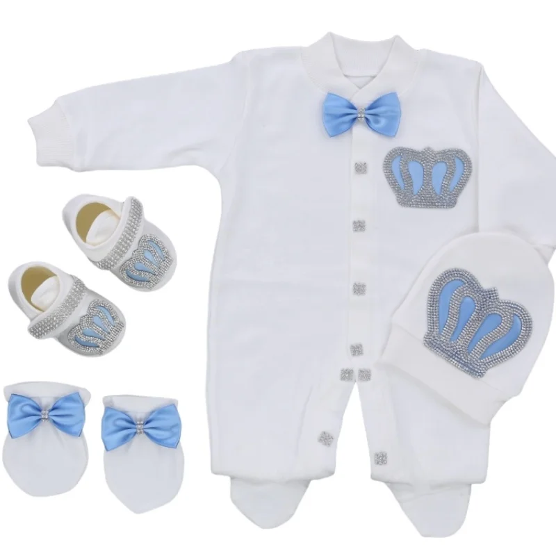 Rhinestone Crown Bow Baby Footed Jumpsuit Newborn 0-9 Months 4Pcs White Baby Blue Prince Romper Boutique Baby Gift