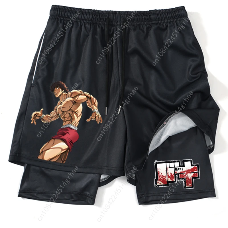 شورت رياضي مطبوع عليه الرسوم المتحركة باللون الأسود للرجال 2 في 1 شورت شبكي سريع الجفاف للرجال لكمال الأجسام واللياقة البدنية والجري سروال قصير صيفي