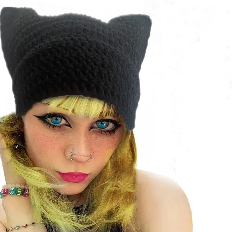 Szydełkowe czapki dla kobiet Mężczyźni Cat Ear Bonnet Girl Knitted Lazy Style Punk Y2k Cute Slouchy Beanies Loose Fit Handmade Skullies Boys