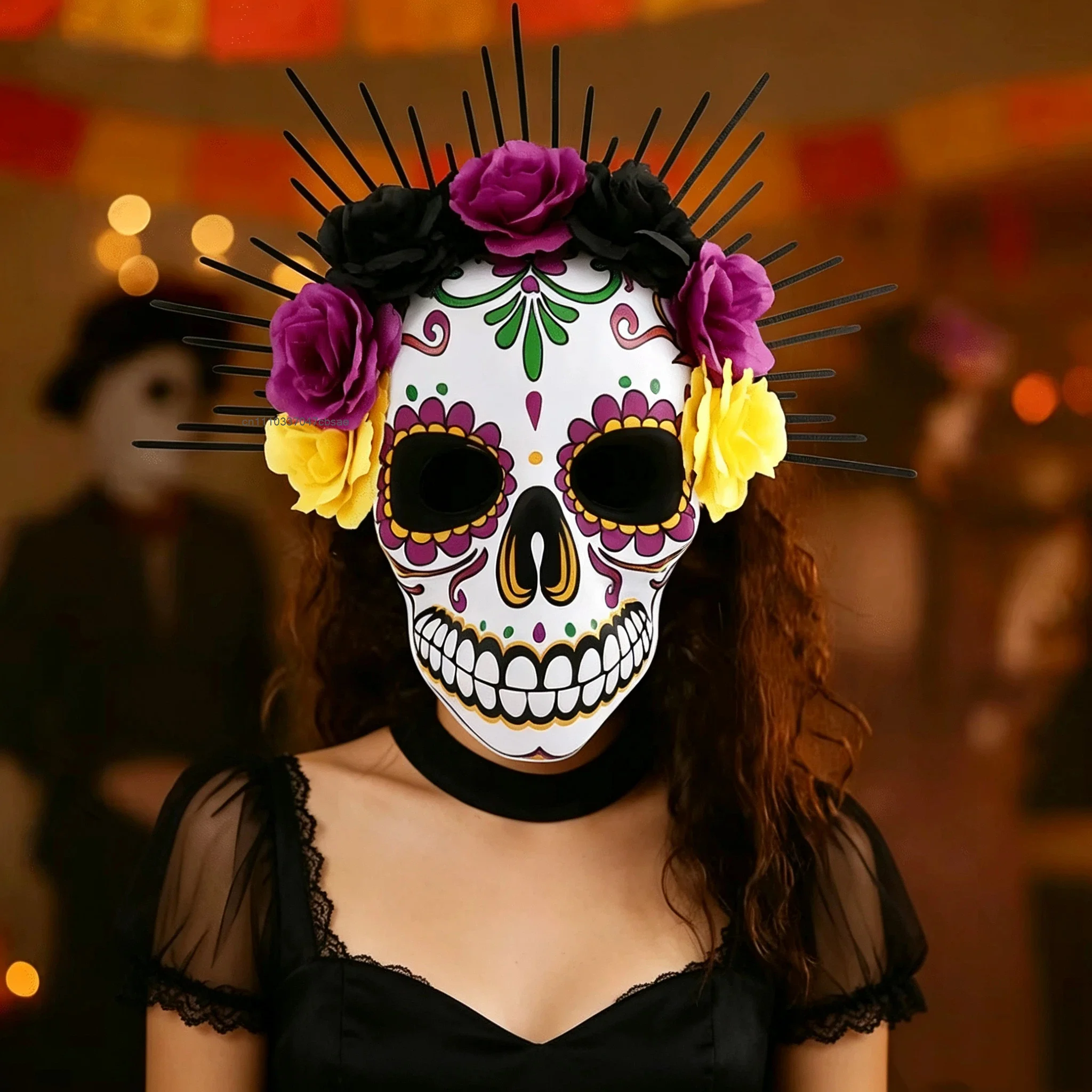 Hand Printed Sugar Skull Full Mask Rose Floral Decor Headpiece Mexican Dead Day Halloween Carnival Cosplay Party Accessory