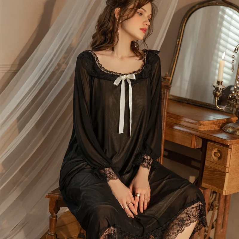 Sexy nightdress women's thin lined double-layer long-sleeved long black lace mesh sweet and pure princess style pajamas