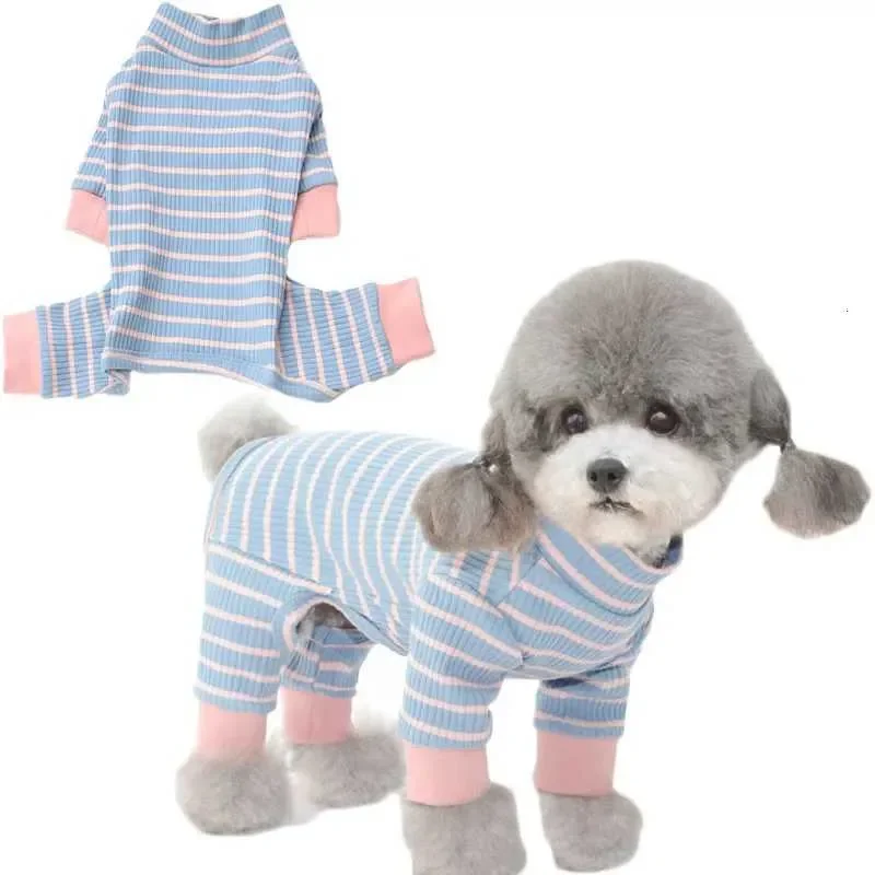 Stripped Dog Clothes Jumpsuit High Collar Long Sleeve 4-Legs Sweatshirt Pajamas For Small Dogs Puppy Onesie Sleepwear Overalls L