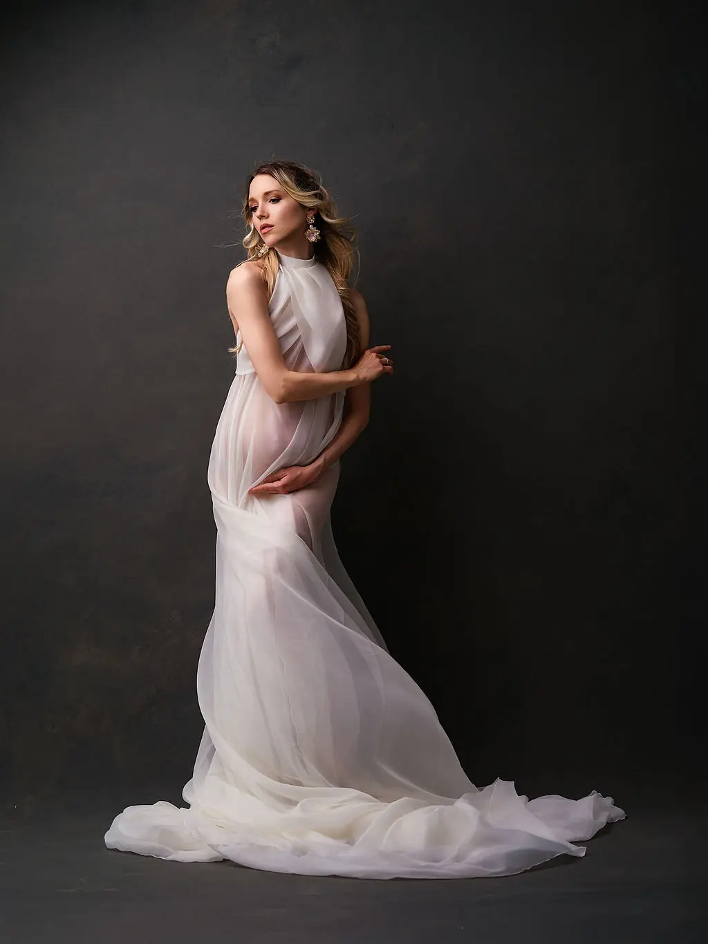 Vestido de maternidad de gasa transparente marfil para sesión de fotos, vestidos de maternidad transparentes con cuello alto personalizados, vestido de Babyshower con ilusión