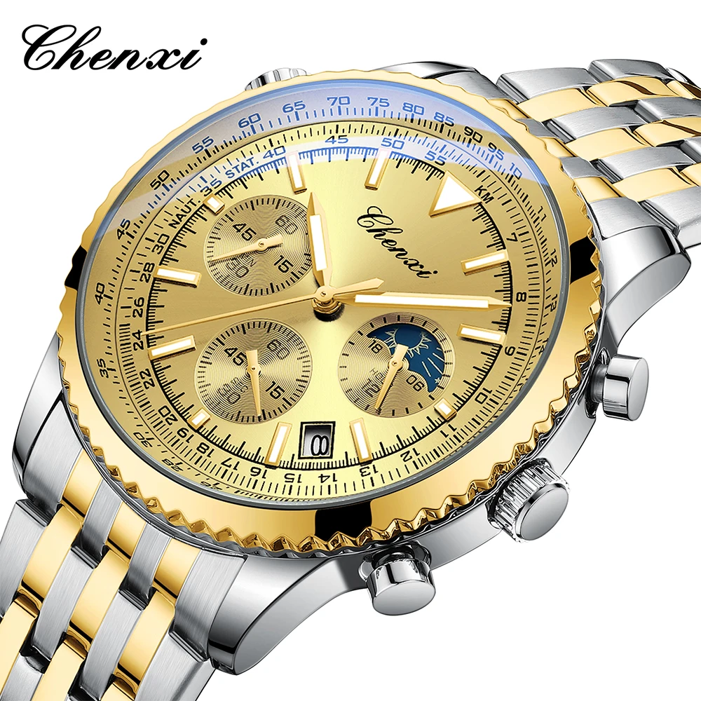 CHENXI, relojes dorados a la moda para hombre, luminoso, resistente al agua, calendario, reloj de cuarzo, esfera redonda, banda de acero inoxidable, relojes para hombre