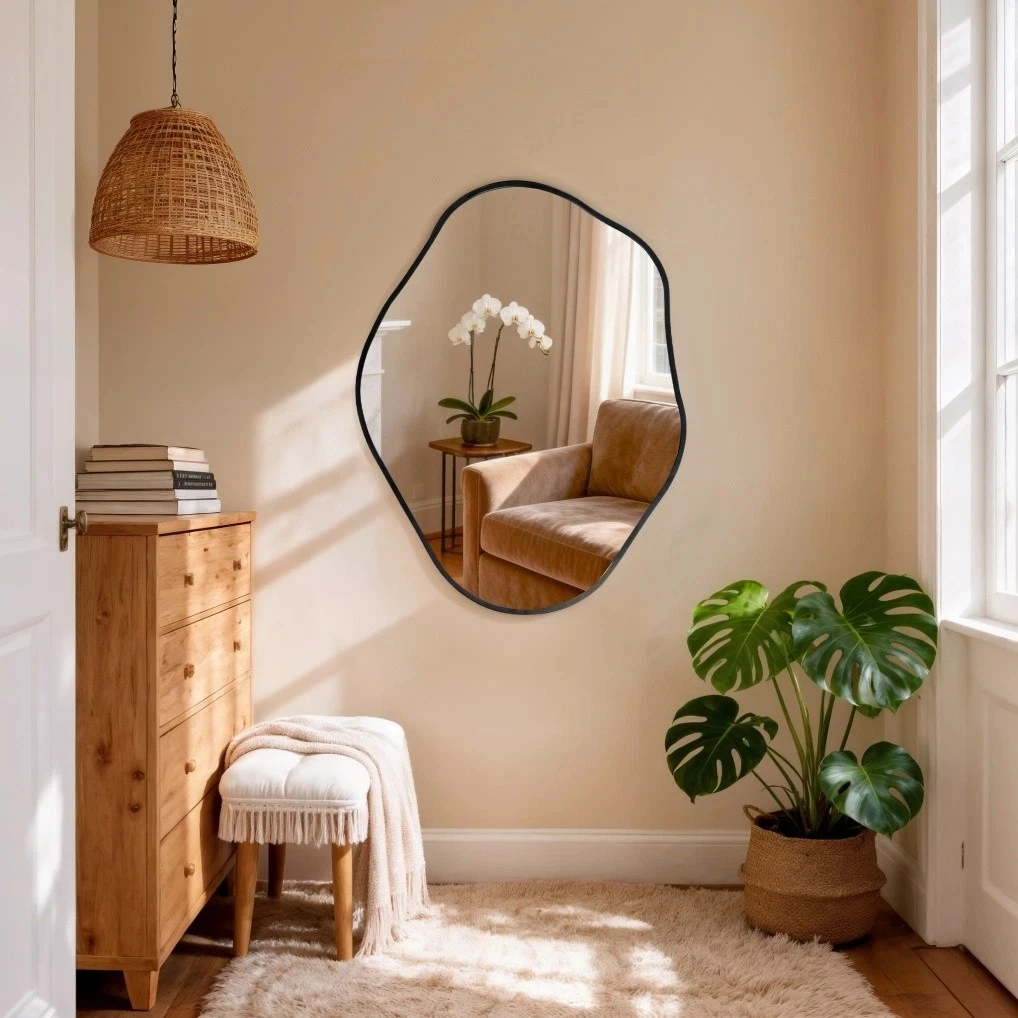 Asymmetrical Black Wall Mirror, Large Irregular Modern Wall Mounted Mirror with Aluminum Alloy Frame, Unique Freeform Decorative Art Mirror for Living Room, Bedroom, Entryway & Hallway
