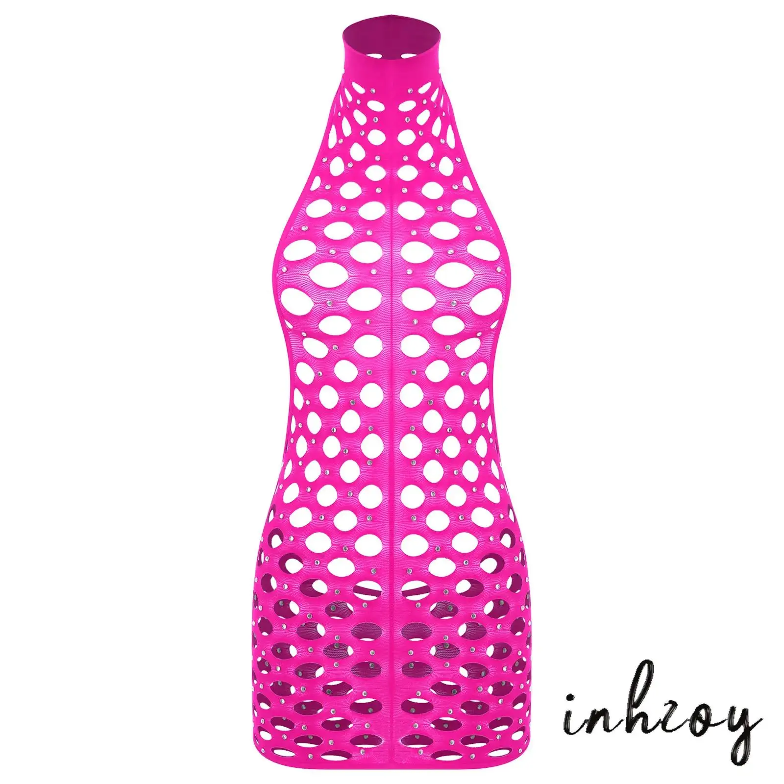

Sexy Womens Sparkling Rhinestone Fishnet Mini Dress Halter Sleeveless Backless Nightwear See Through Stretchy Dress Babydoll