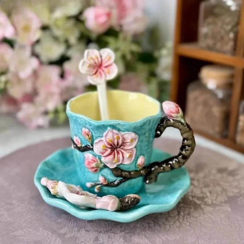 200mlHand Drawn Underglaze Colored Coffee Cup Dish Set Creative Coffee Mug Exquisite Black Tea Cup Sunflower Flower Art Cup Gift