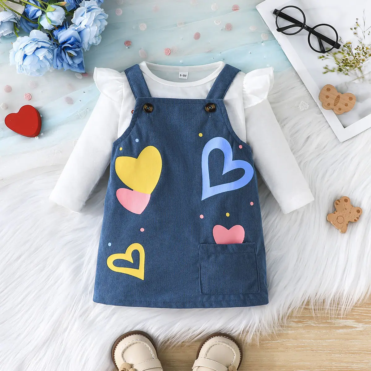 2024 New Winter Children Sets Long Sleeve Ruffles Letter T-shirt Print Strap Skirs 2 Pcs Infantil Menina Clothes Sets 6M-3T