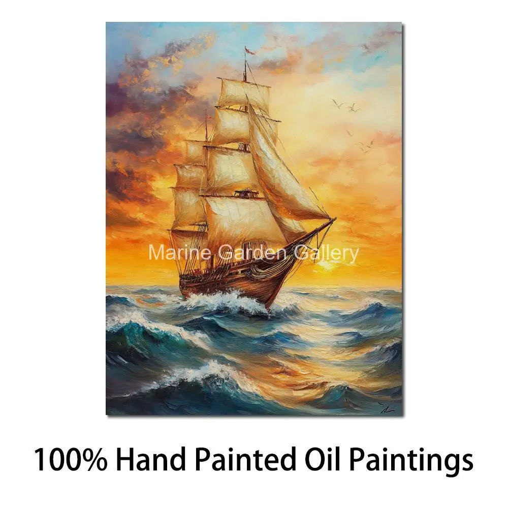 

Large Canvas Art Sailing Ship Hand Painted Oil Painting Seascape Artwork for Modern Dining Room Restaurant Decor Romantic